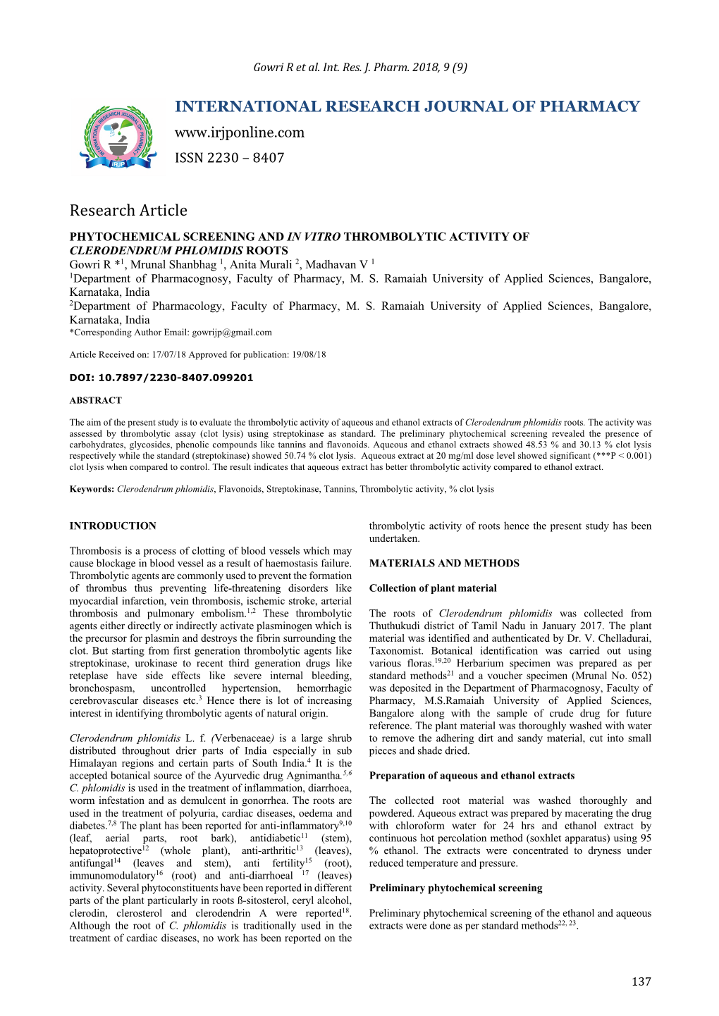 Phytochemical Screening and in Vitro Thrombolytic Activity of Clerodendrum Phlomidis Roots