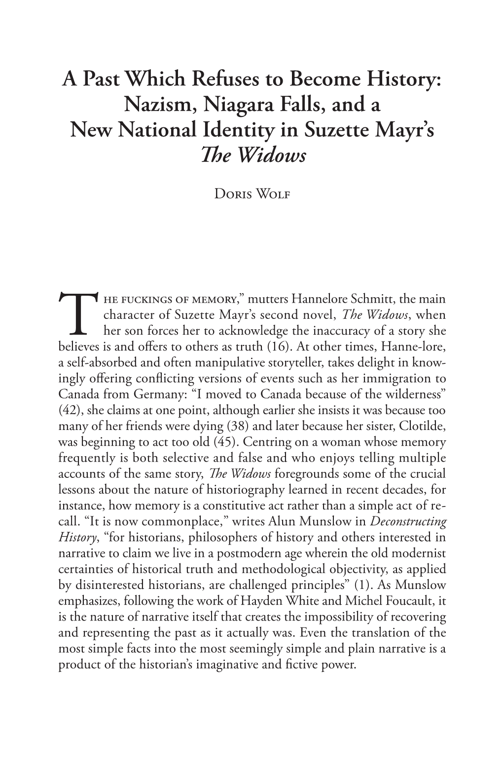 A Past Which Refuses to Become History: Nazism, Niagara Falls, and a New National Identity in Suzette Mayr’S the Widows