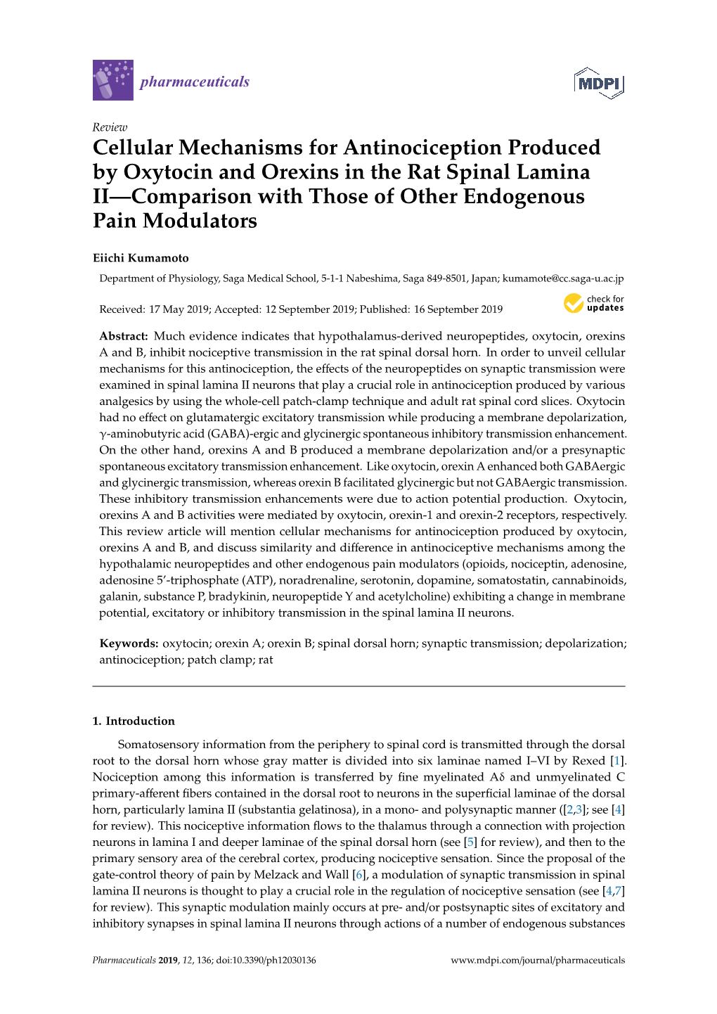 Cellular Mechanisms for Antinociception Produced by Oxytocin and Orexins in the Rat Spinal Lamina II—Comparison with Those of Other Endogenous Pain Modulators