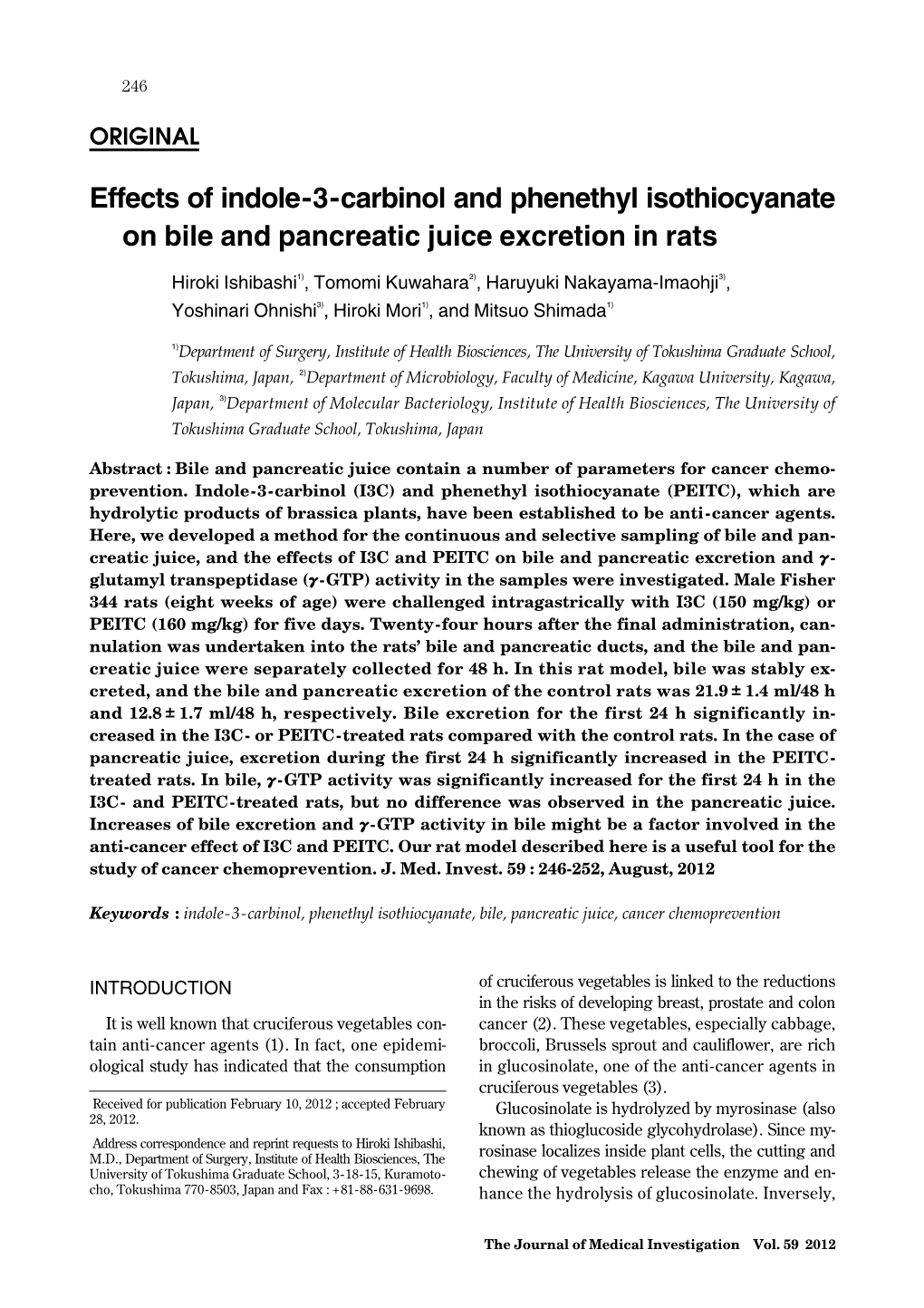 Effects of Indole-3-Carbinol and Phenethyl Isothiocyanate on Bile and Pancreatic Juice Excretion in Rats