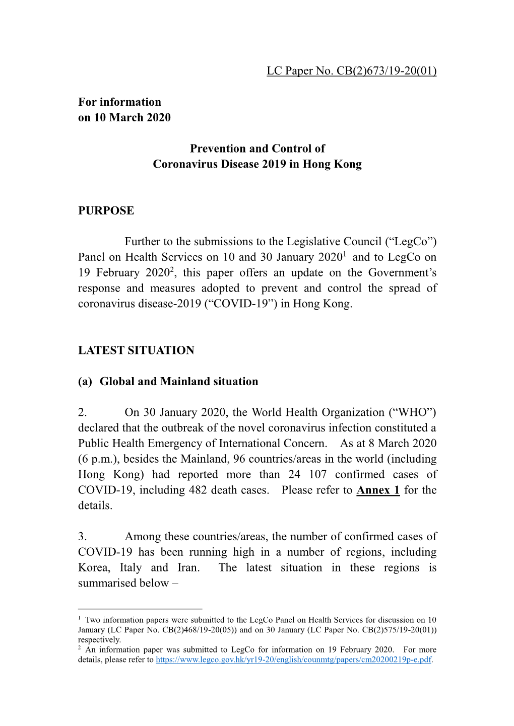 Administration's Paper on Measures for the Prevention and Control of Coronavirus Disease 2019 in Hong Kong