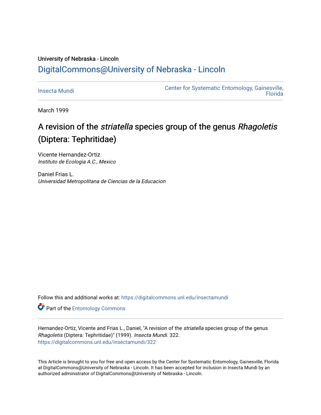 A Revision of the Striatella Species Group of the Genus Rhagoletis (Diptera: Tephritidae)