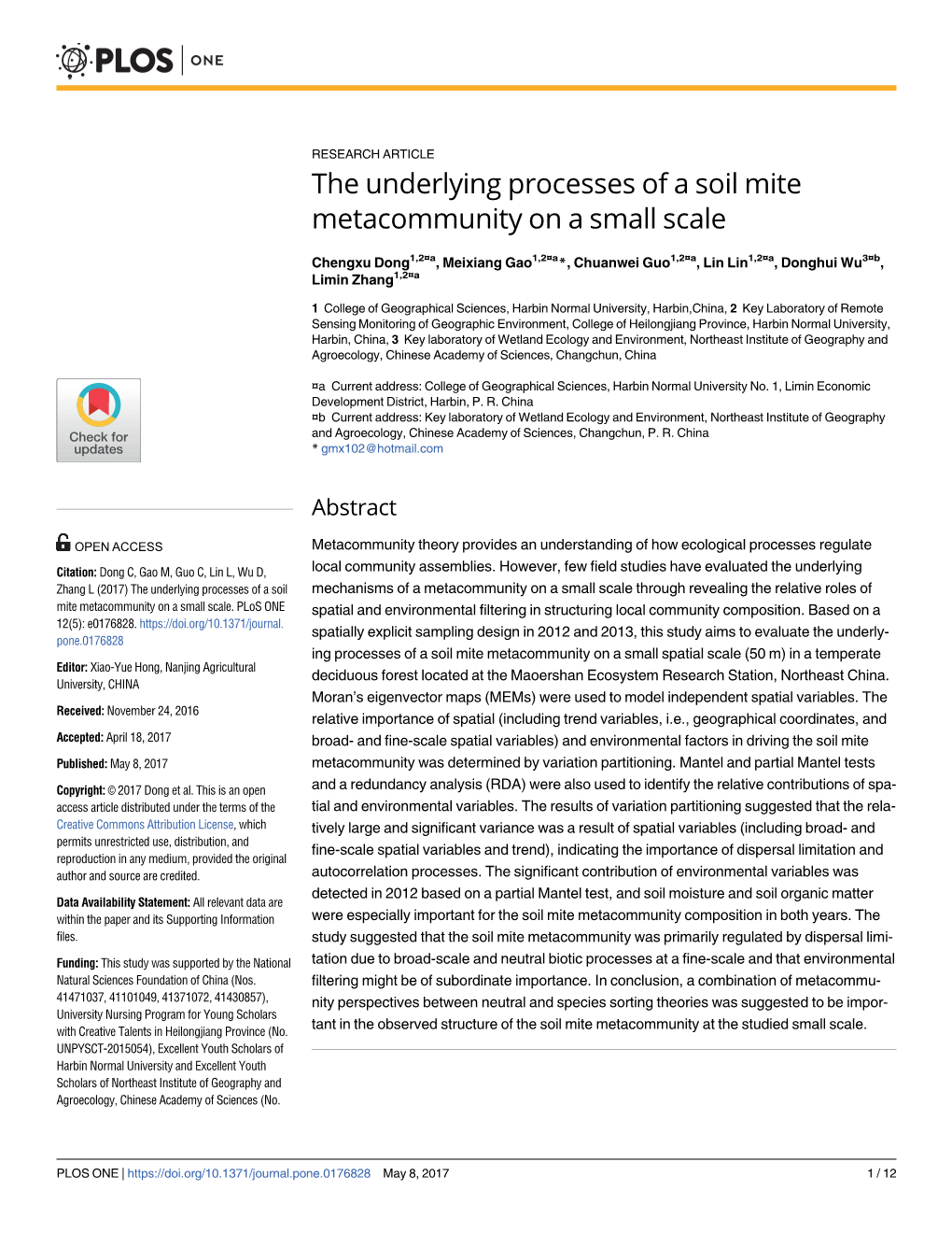 The Underlying Processes of a Soil Mite Metacommunity on a Small Scale