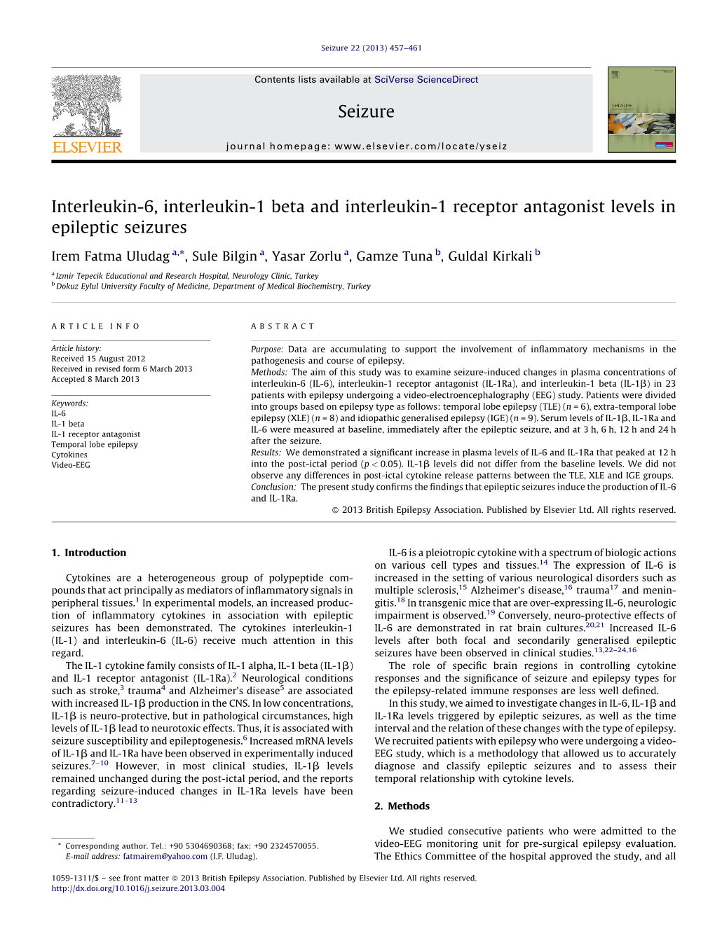 Interleukin-6, Interleukin-1 Beta and Interleukin-1 Receptor Antagonist Levels In