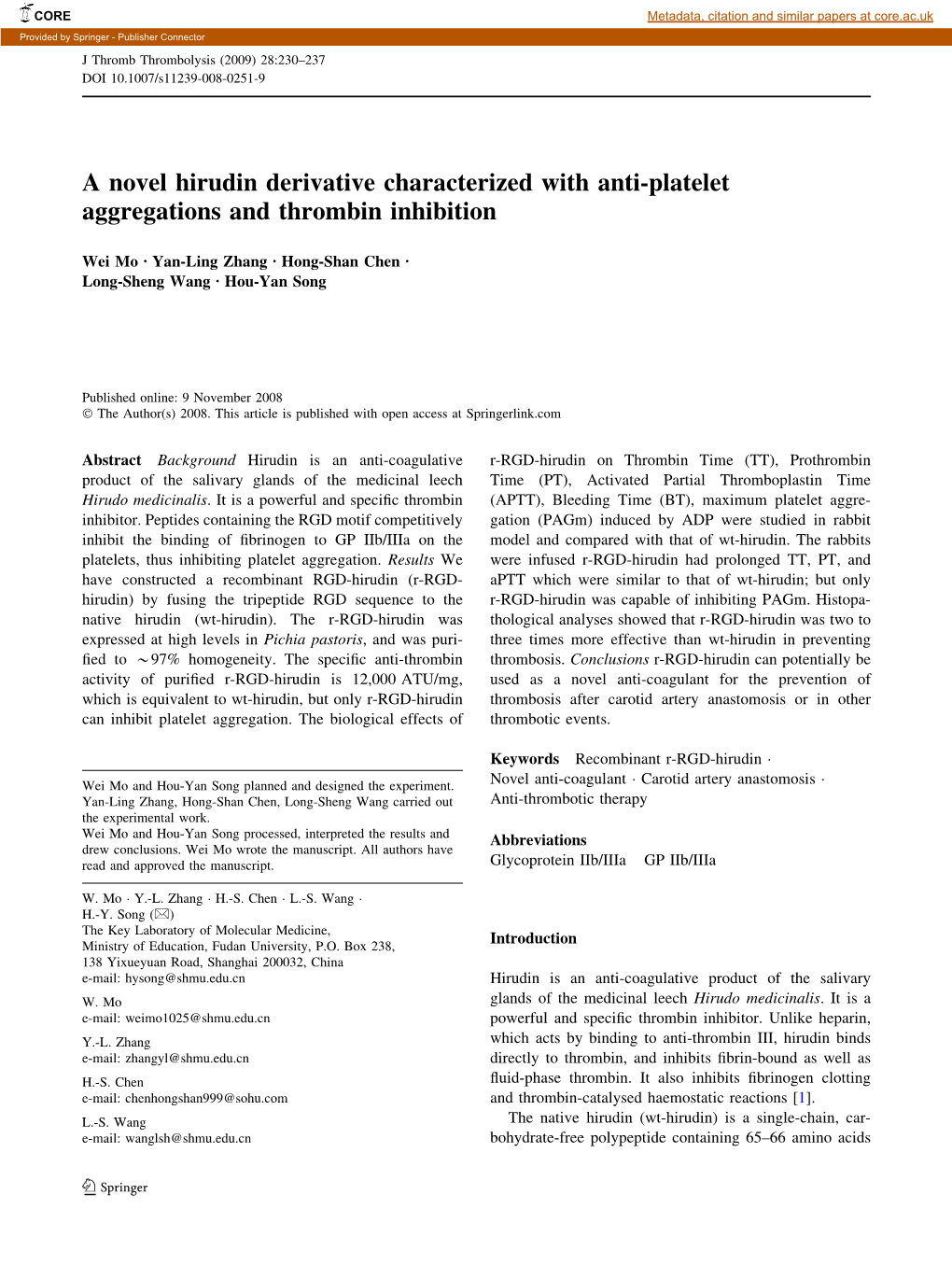 A Novel Hirudin Derivative Characterized with Anti-Platelet Aggregations and Thrombin Inhibition