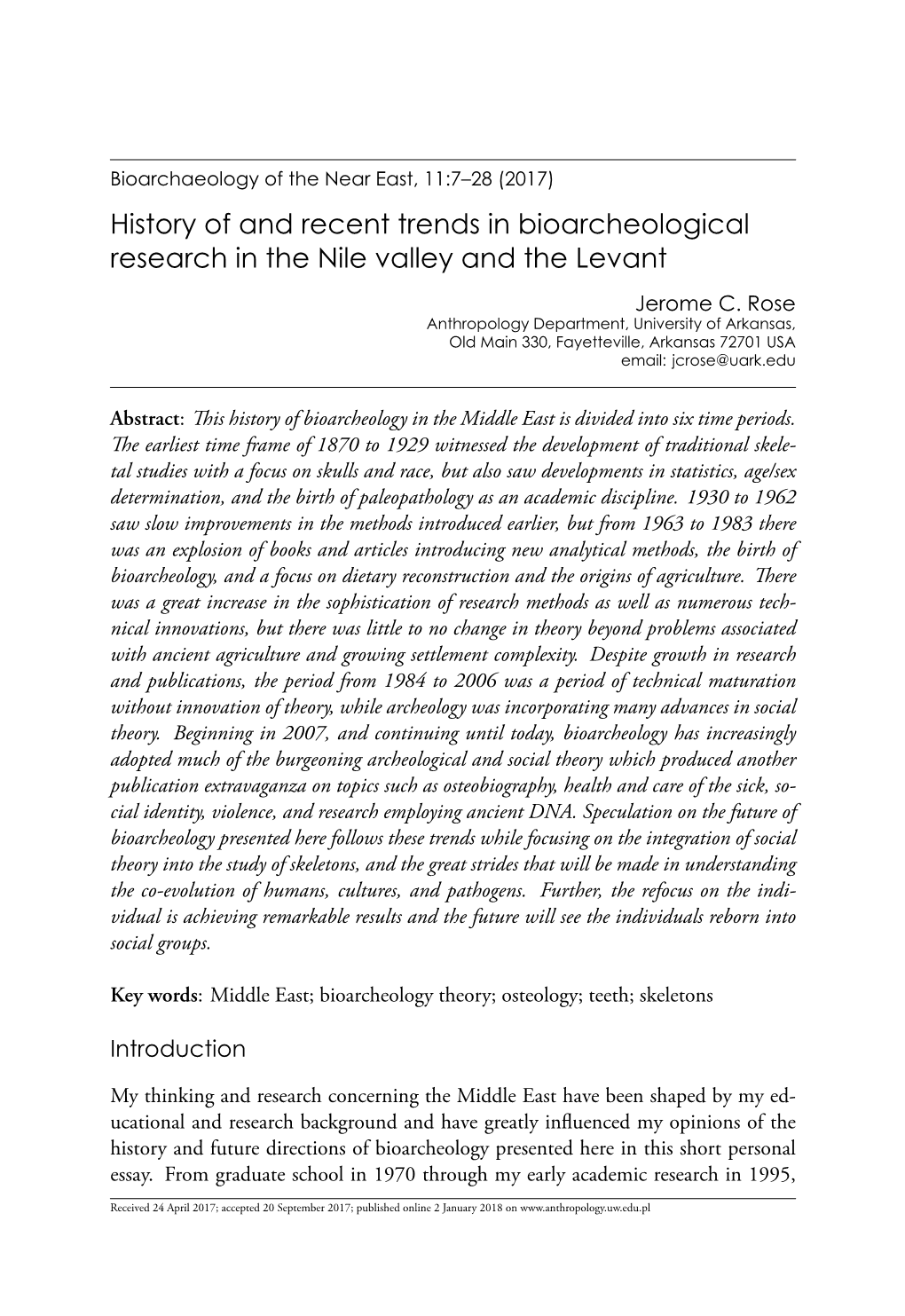 History of and Recent Trends in Bioarcheological Research in the Nile Valley and the Levant Jerome C