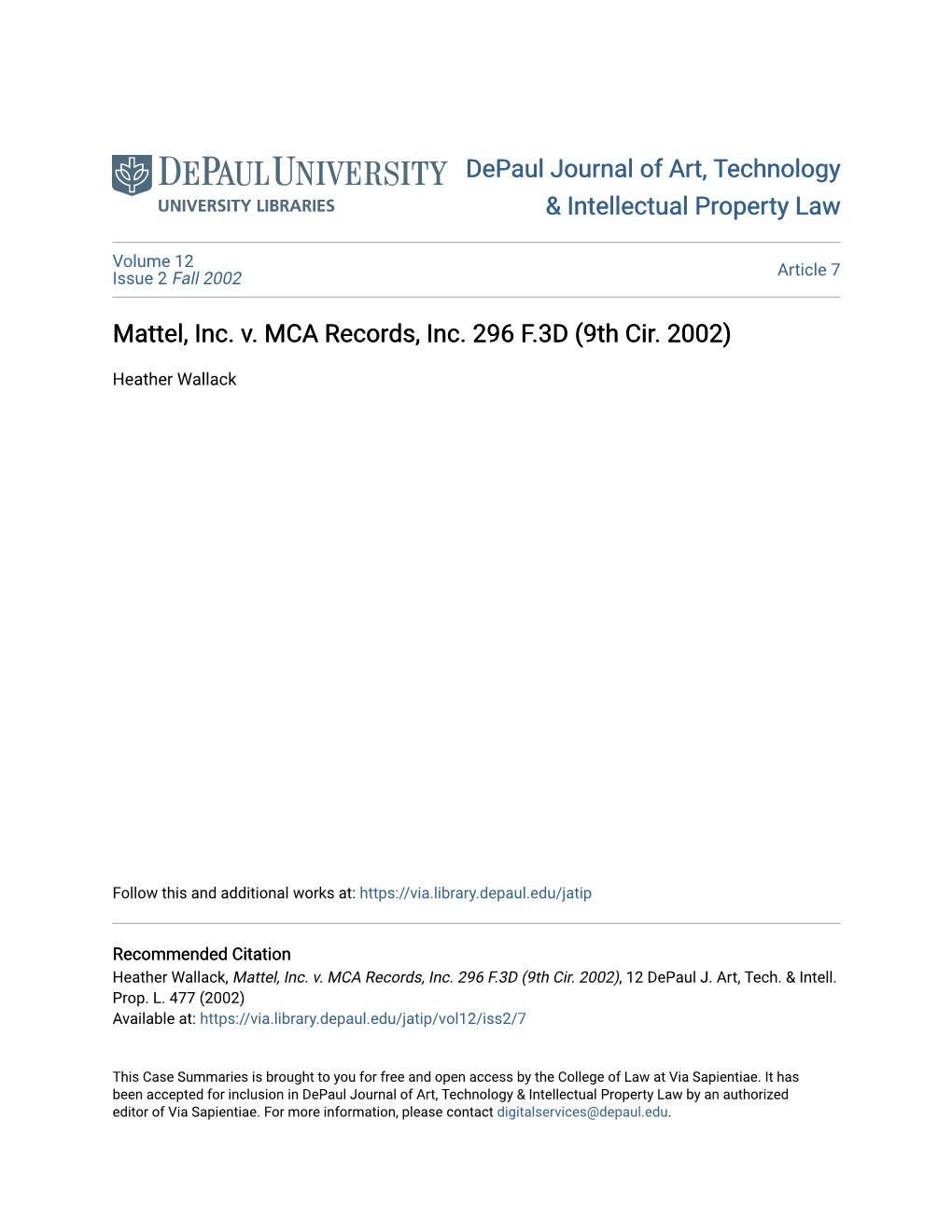 Mattel, Inc. V. MCA Records, Inc. 296 F.3D (9Th Cir