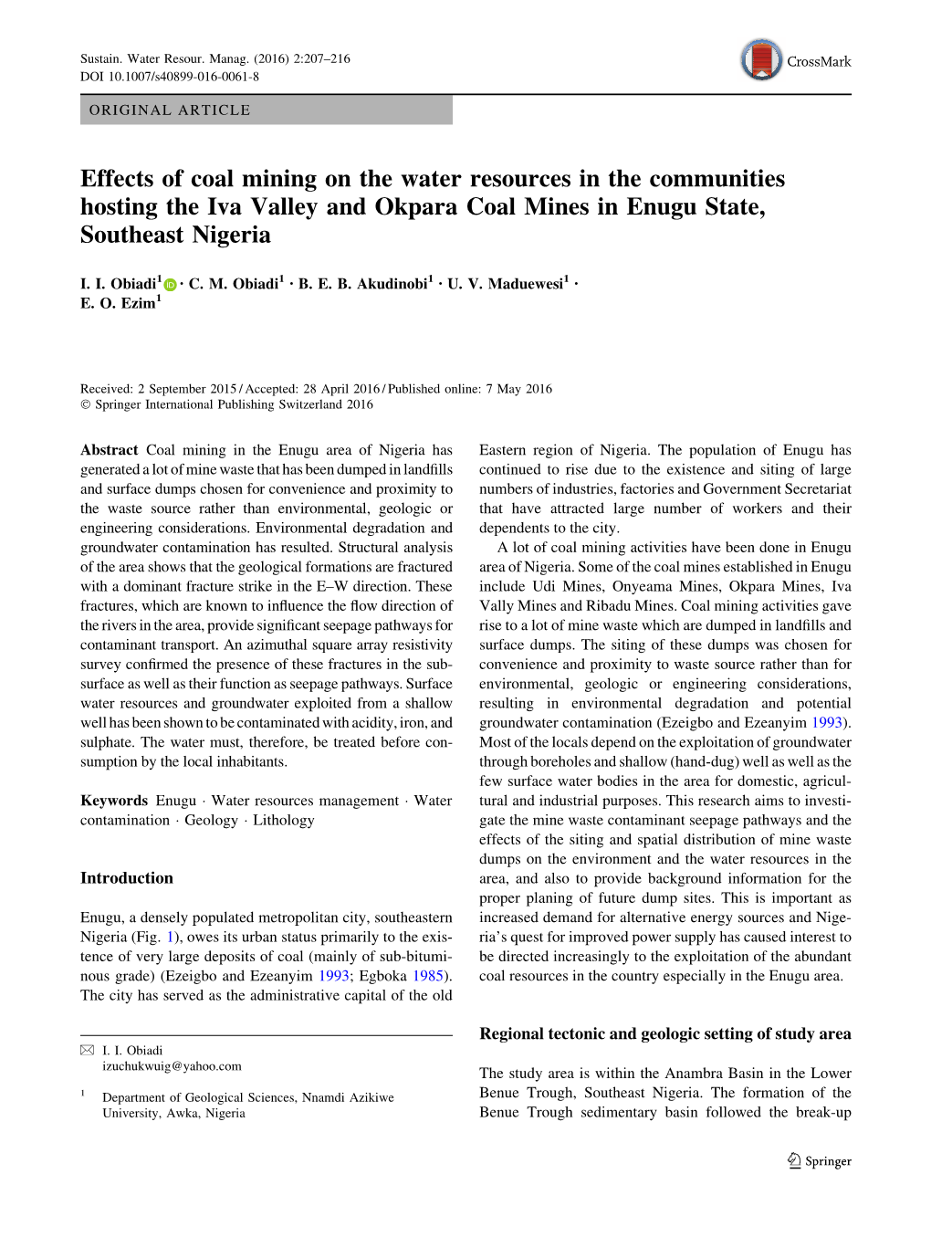 Effects of Coal Mining on the Water Resources in the Communities Hosting the Iva Valley and Okpara Coal Mines in Enugu State, Southeast Nigeria