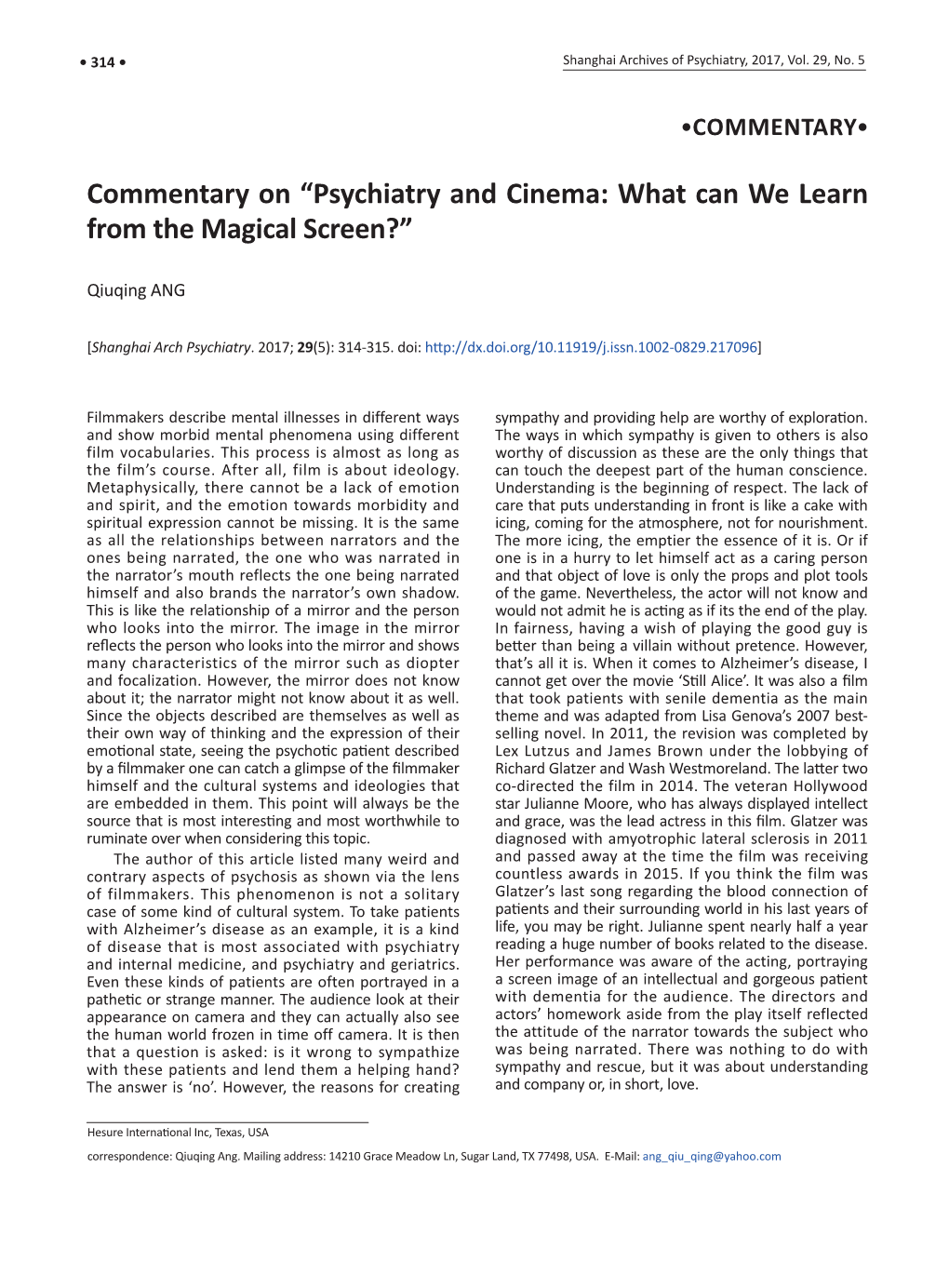 Commentary on “Psychiatry and Cinema: What Can We Learn from the Magical Screen?”