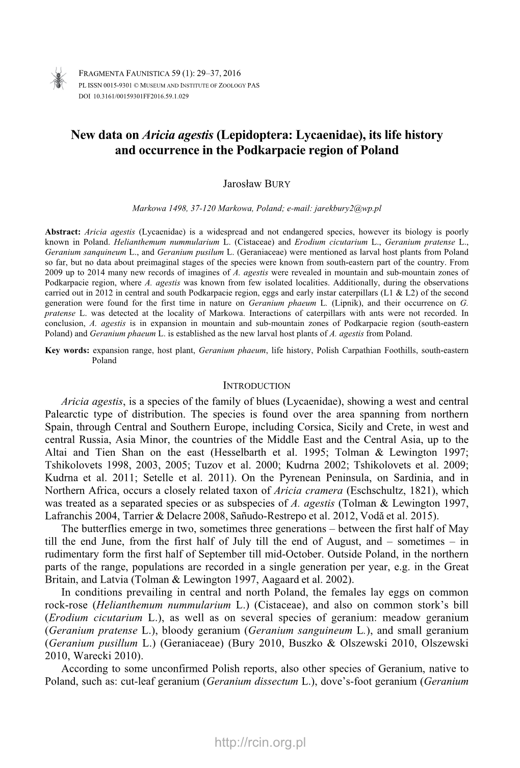 New Data on Aricia Agestis (Lepidoptera: Lycaenidae), Its Life History and Occurrence in the Podkarpacie Region of Poland