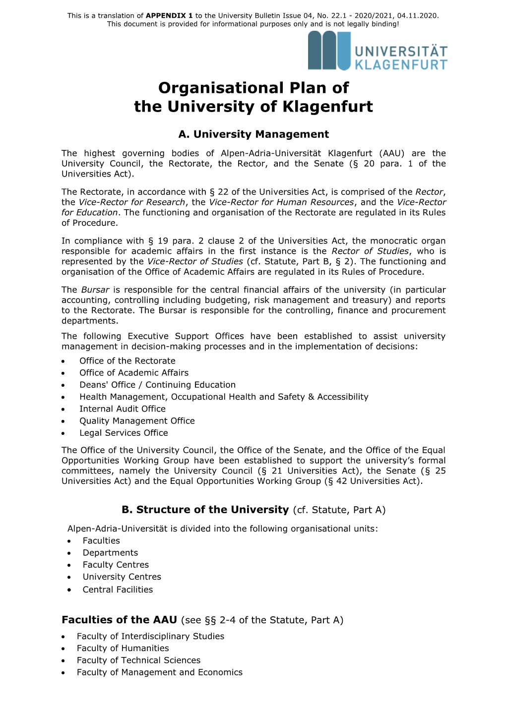 Organisational Plan of the University of Klagenfurt