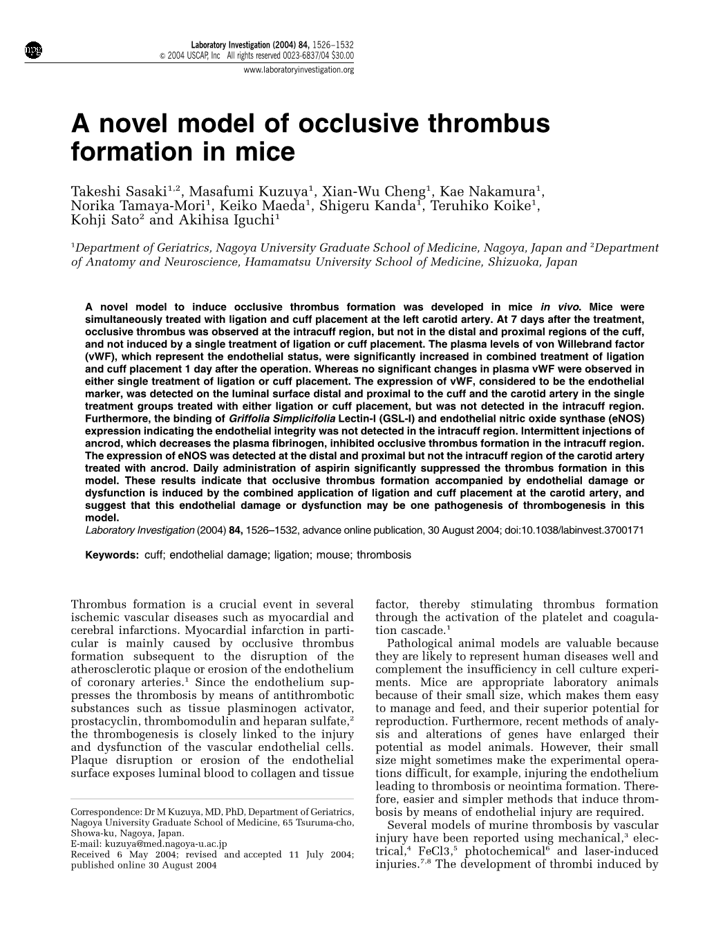 A Novel Model of Occlusive Thrombus Formation in Mice