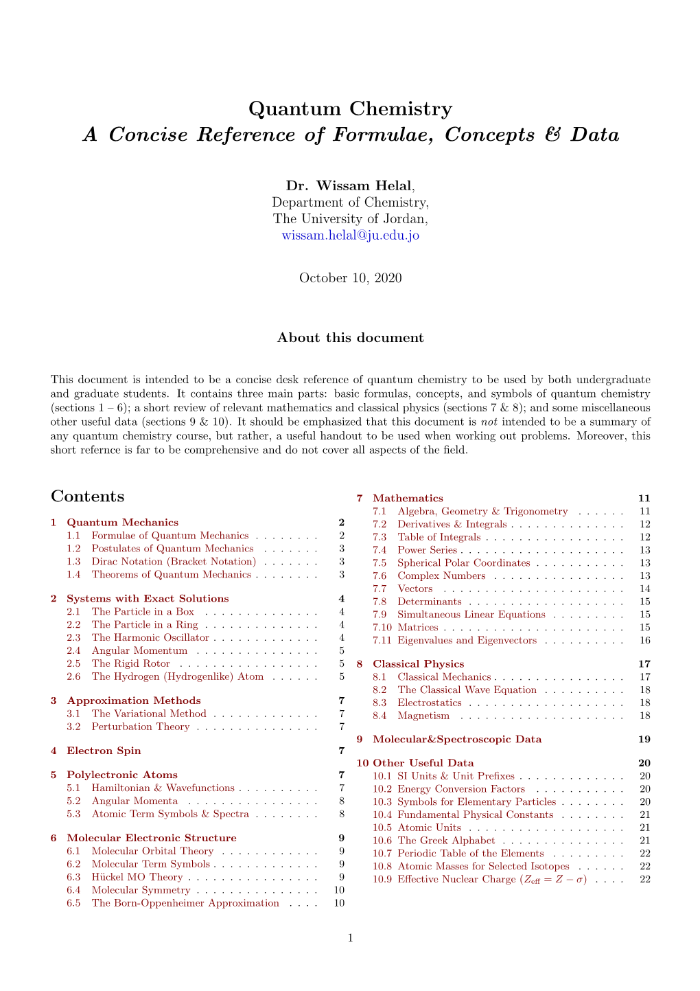 Quantum Chemistry a Concise Reference of Formulae, Concepts & Data