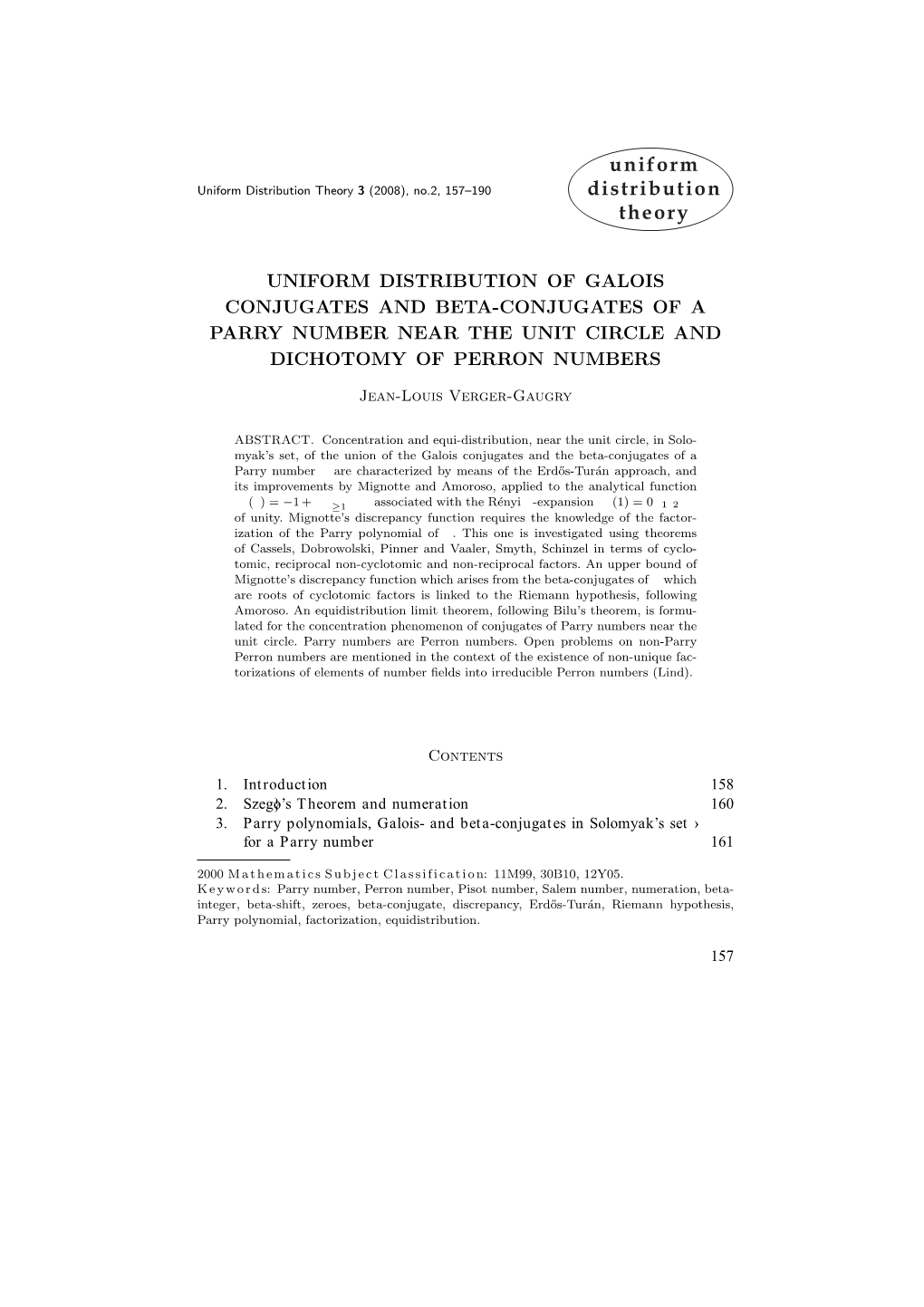 Uniform Distribution Theory 3 (2008), No.2, 157–190 Distribution Theory
