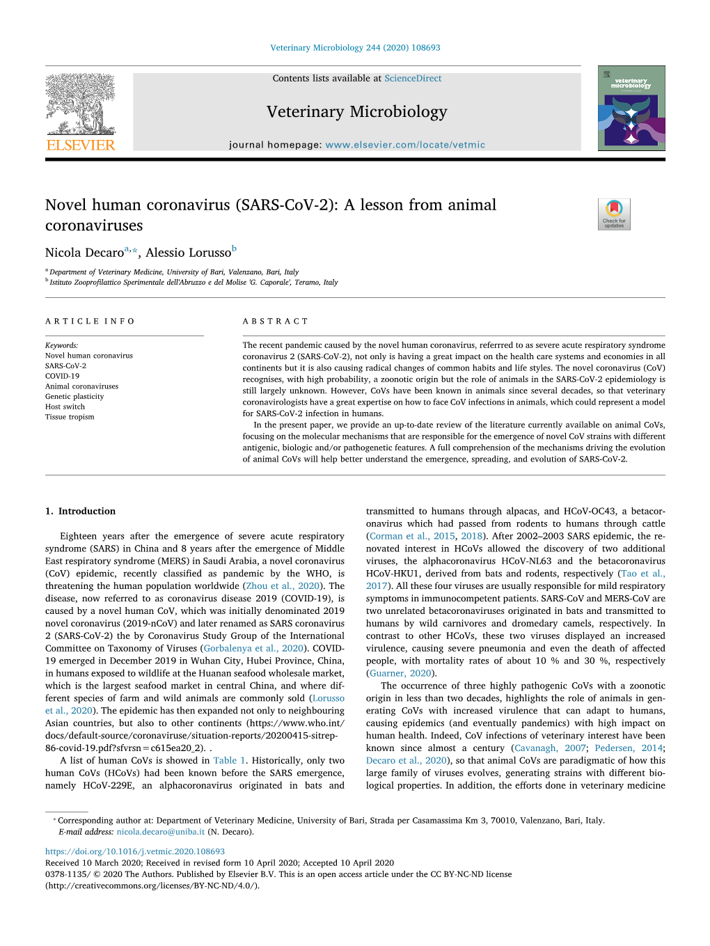 (SARS-Cov-2) a Lesson from Animal Coronaviruses