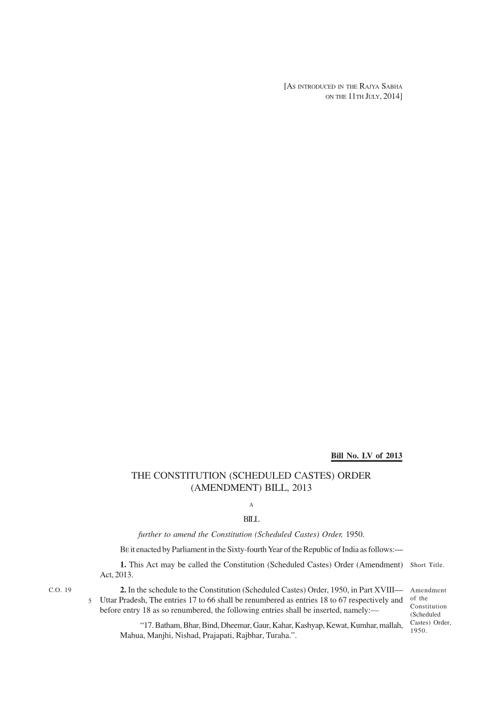 The Constitution (Scheduled Castes) Order (Amendment) Bill, 2013