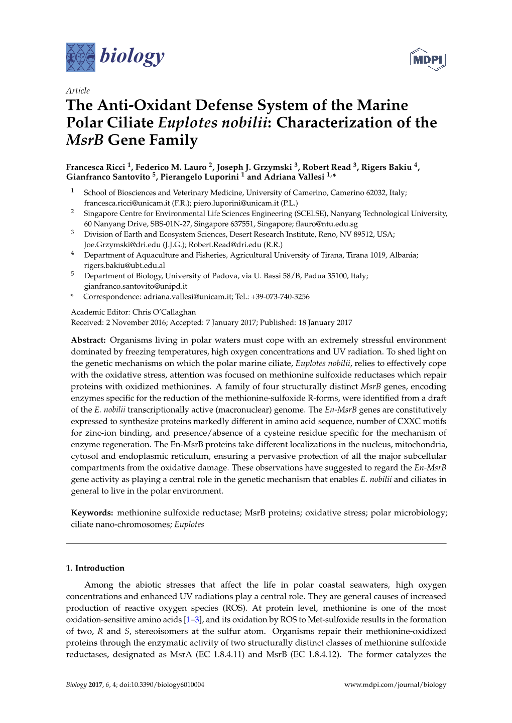 The Anti-Oxidant Defense System of the Marine Polar Ciliate Euplotes Nobilii: Characterization of the Msrb Gene Family