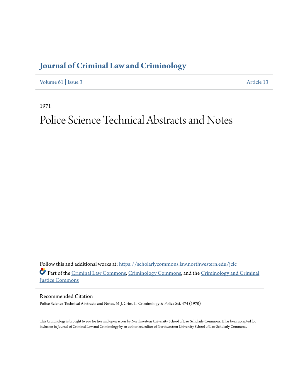 Police Science Technical Abstracts and Notes