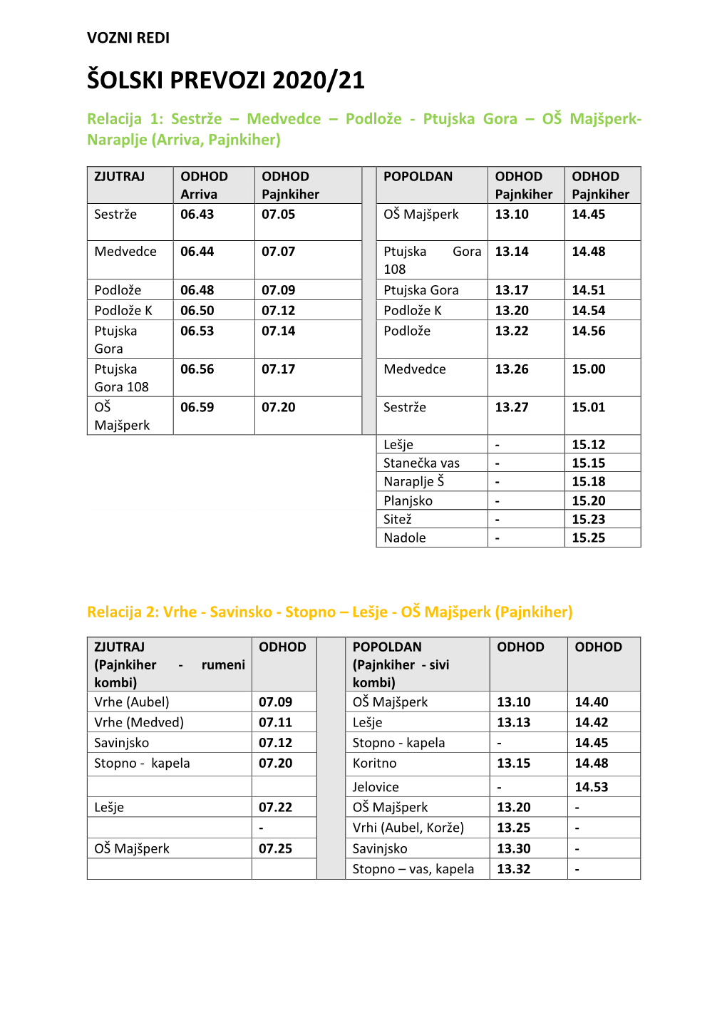 ŠOLSKI PREVOZI 2020/21 Relacija 1: Sestrže – Medvedce – Podlože - Ptujska Gora – OŠ Majšperk- Naraplje (Arriva, Pajnkiher)