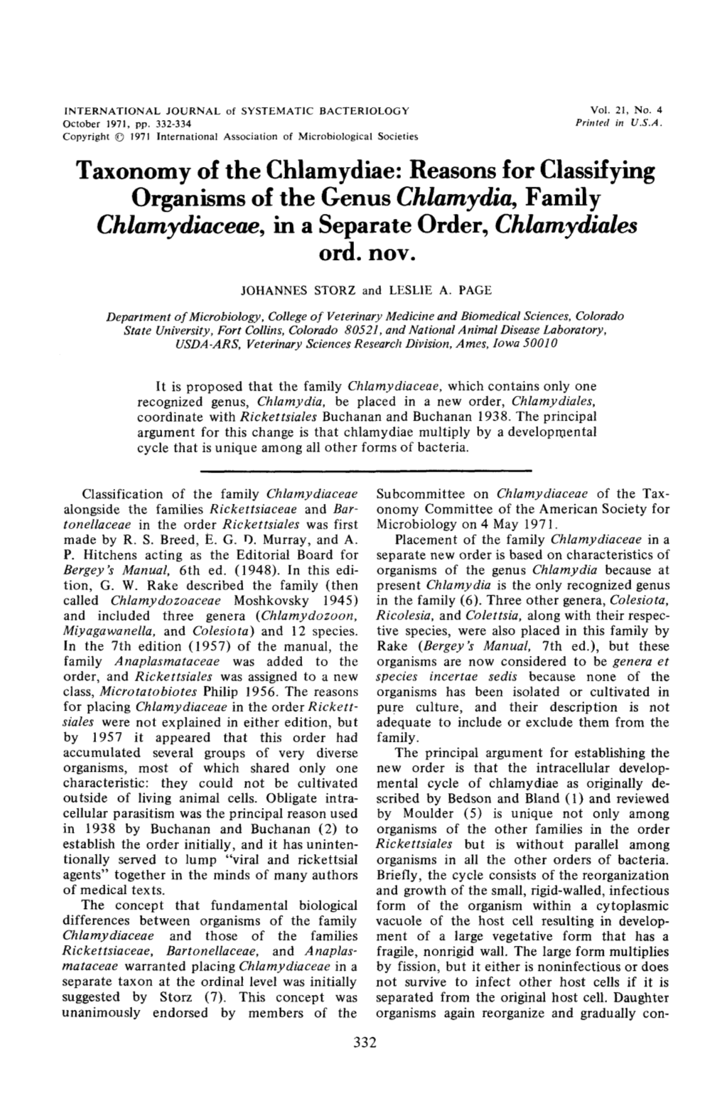 Taxonomy of the Chlamydiae: Reasons for Classifying Organisms of the Genus Chlamydia, Family Chlamydiaceae, in a Separate Order, Chlamydiales Ord