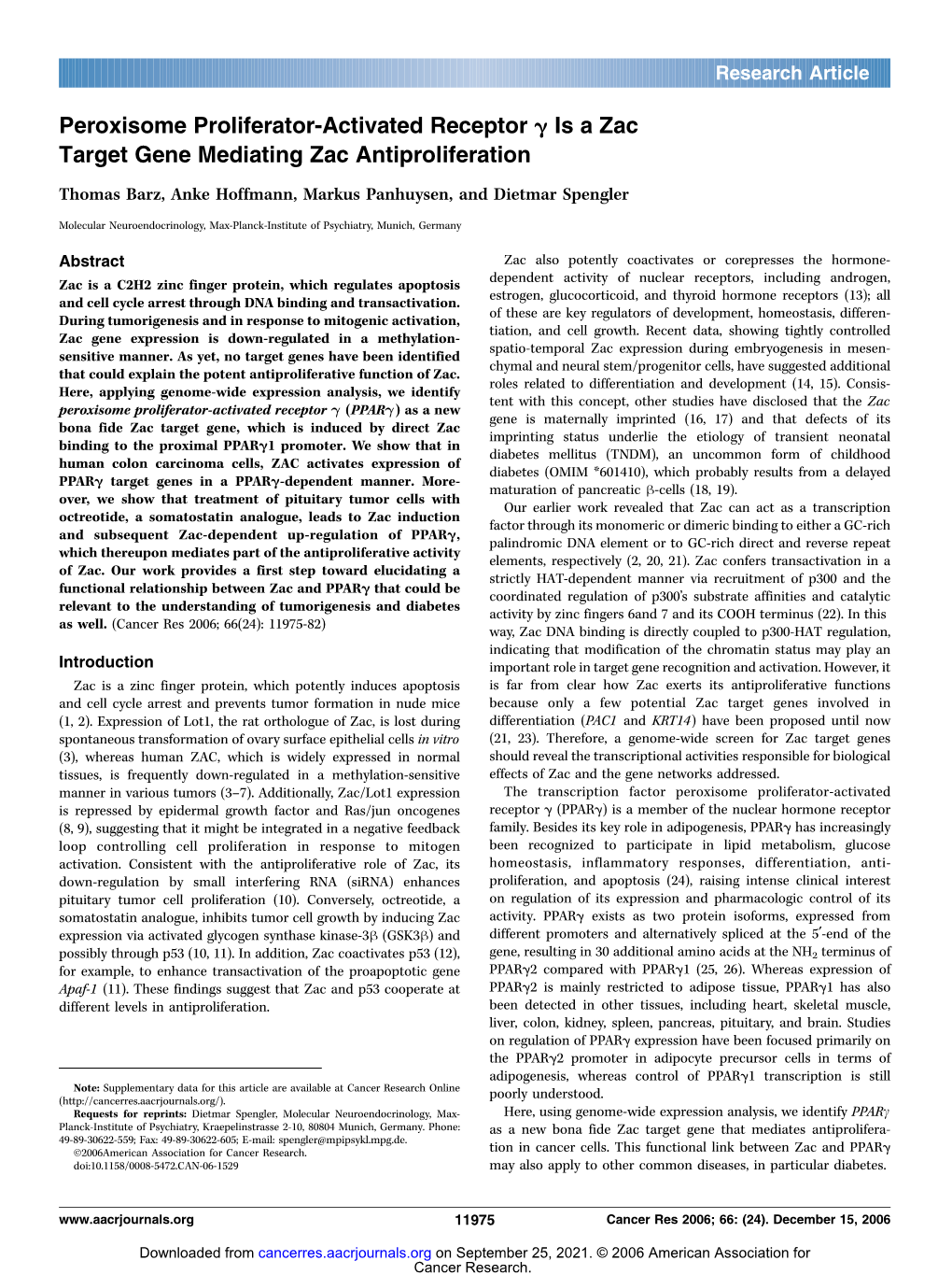 Peroxisome Proliferator-Activated Receptor ; Is a Zac Target Gene Mediating Zac Antiproliferation