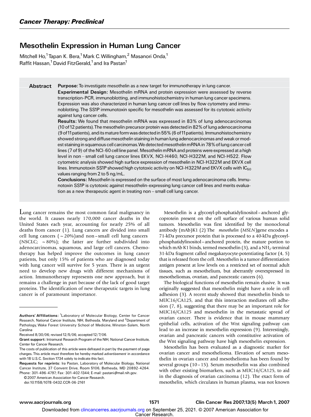 Mesothelin Expression in Human Lung Cancer Mitchell Ho,1Tapan K