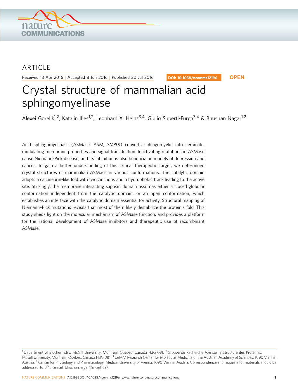 Crystal Structure of Mammalian Acid Sphingomyelinase