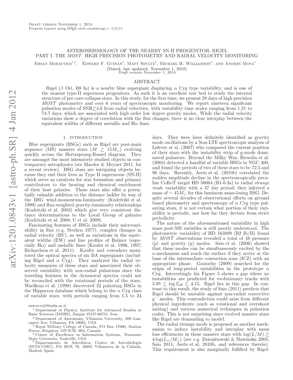 Asteroseismology of the Nearby SN-II Progenitor: Rigel Part I. the MOST