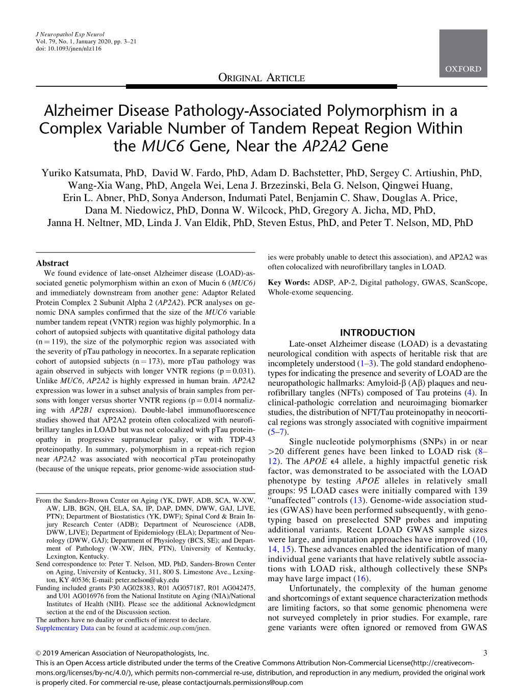 Alzheimer Disease Pathology-Associated Polymorphism in a Complex Variable Number of Tandem Repeat Region Within the MUC6 Gene, Near the AP2A2 Gene