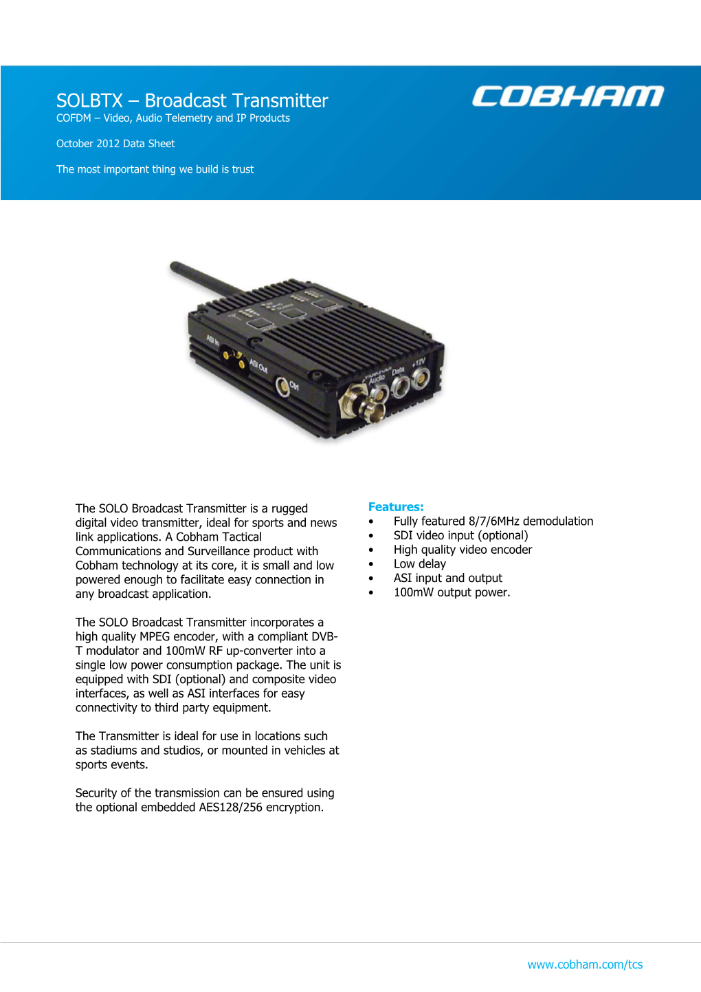 SOLBTX – Broadcast Transmitter COFDM – Video, Audio Telemetry and IP Products