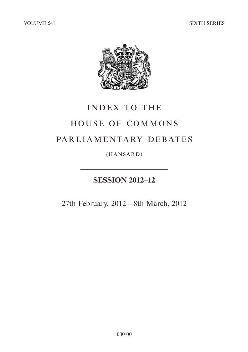 Index to the House of Commons Parliamentary