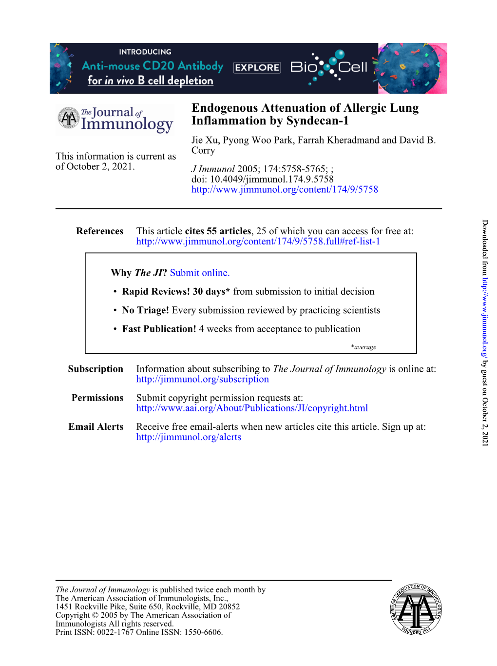 Inflammation by Syndecan-1 Endogenous Attenuation of Allergic Lung