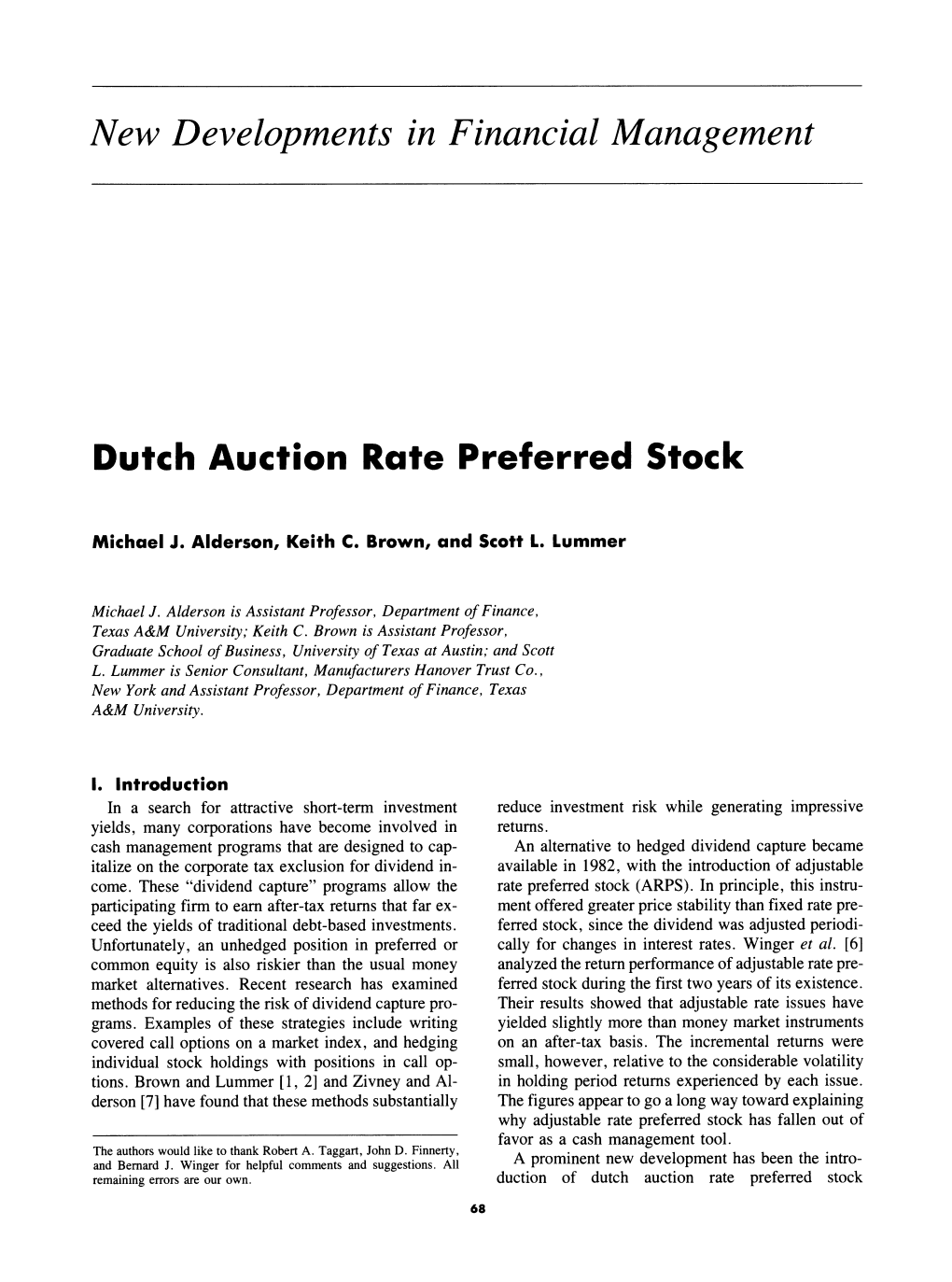 New Developments in Financial Management Dutch Auction Rate