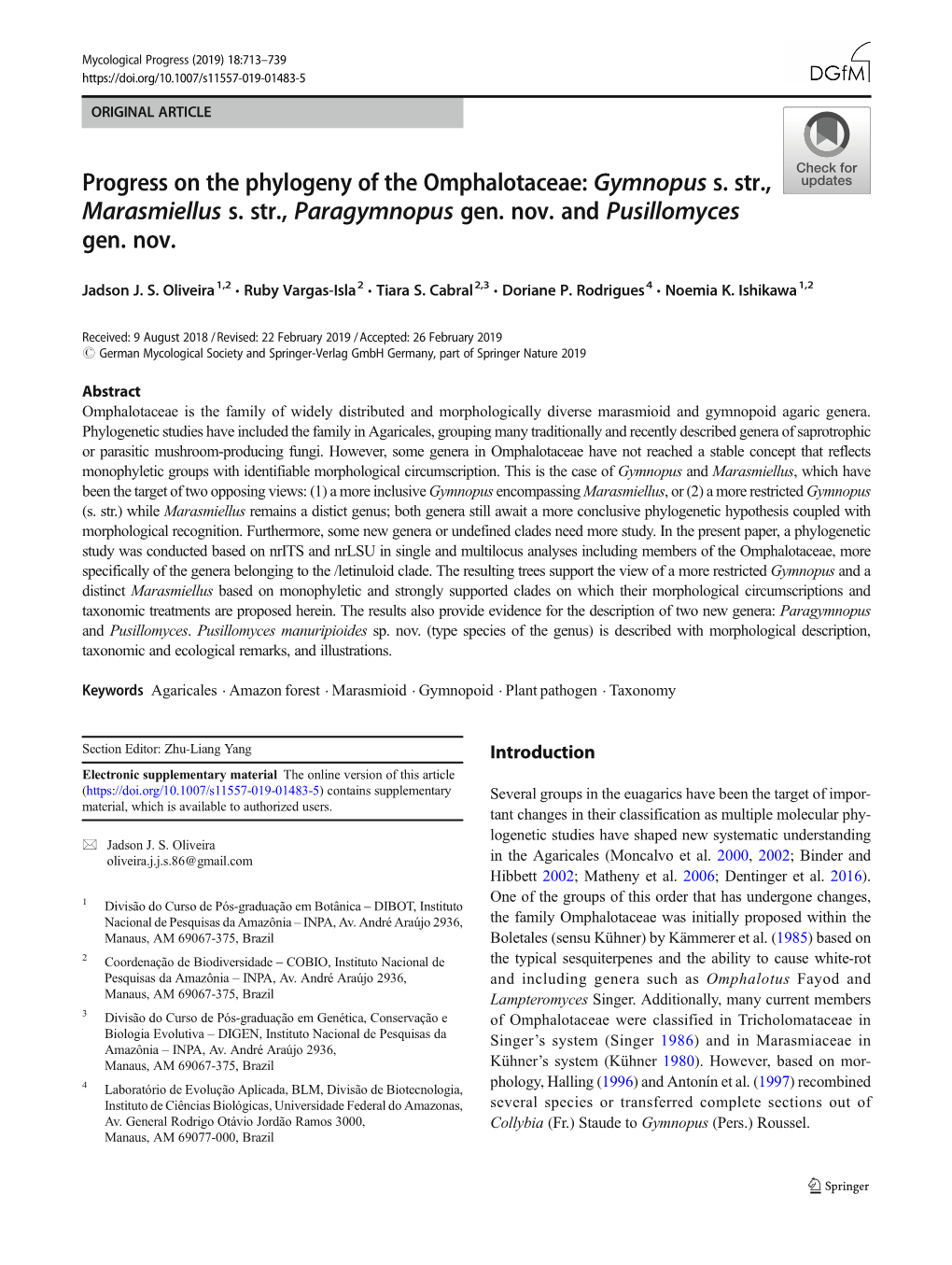 Progress on the Phylogeny of the Omphalotaceae: Gymnopus S. Str., Marasmiellus S. Str., Paragymnopus Gen. Nov. and Pusillomyces Gen