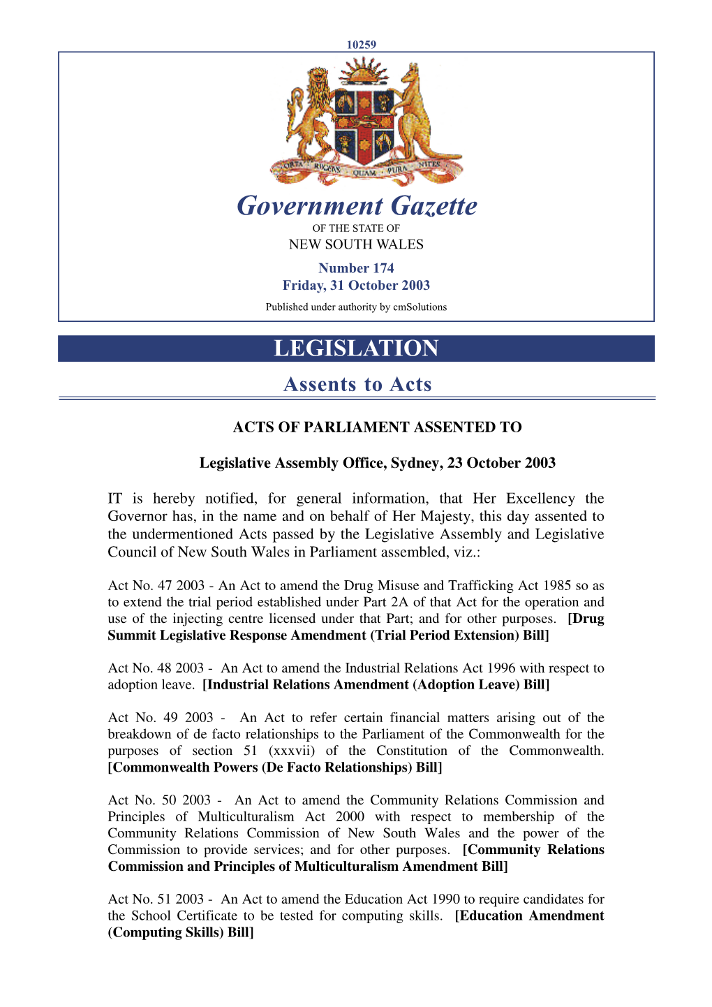 Gazette No 174 of 31 October 2003