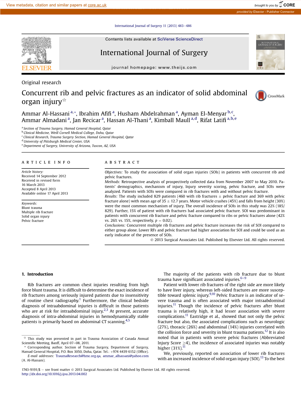 Concurrent Rib and Pelvic Fractures As an Indicator of Solid Abdominal Organ Injuryq