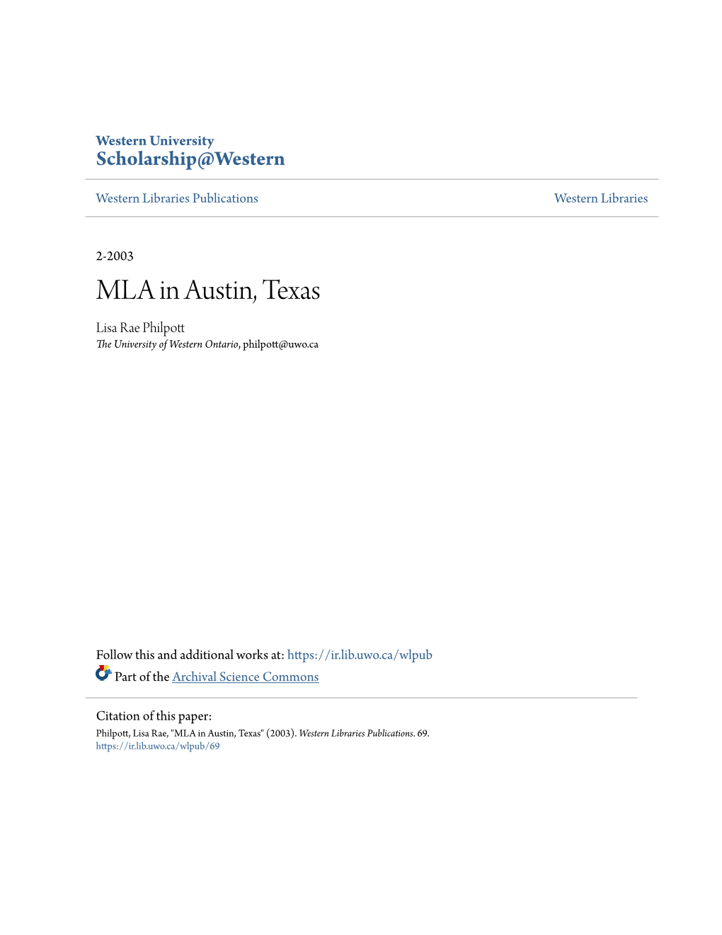 MLA in Austin, Texas Lisa Rae Philpott the University of Western Ontario, Philpott@Uwo.Ca