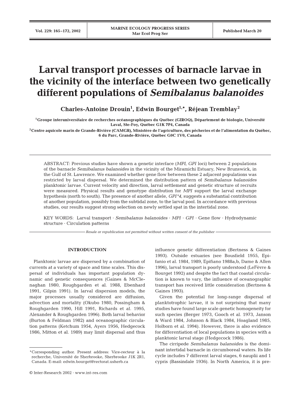 Larval Transport Processes of Barnacle Larvae in the Vicinity of the Interface Between Two Genetically Different Populations of Semibalanus Balanoides
