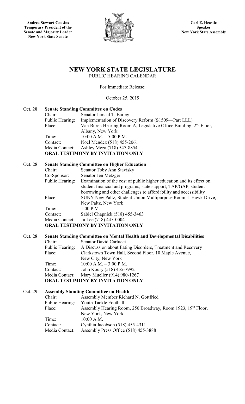 New York State Legislature Public Hearing Calendar