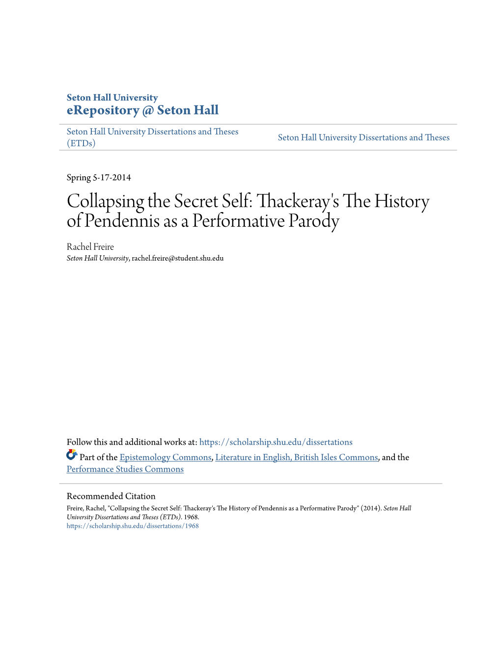 Collapsing the Secret Self: Thackeray's the History Of