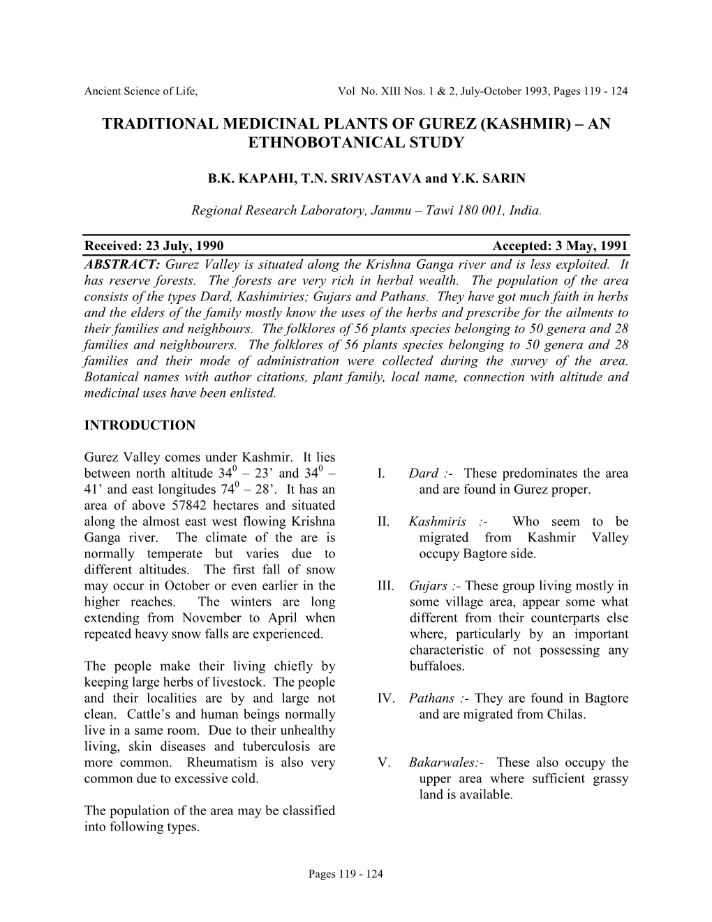 Traditional Medicinal Plants of Gurez (Kashmir)–An Ethnobotanical Study