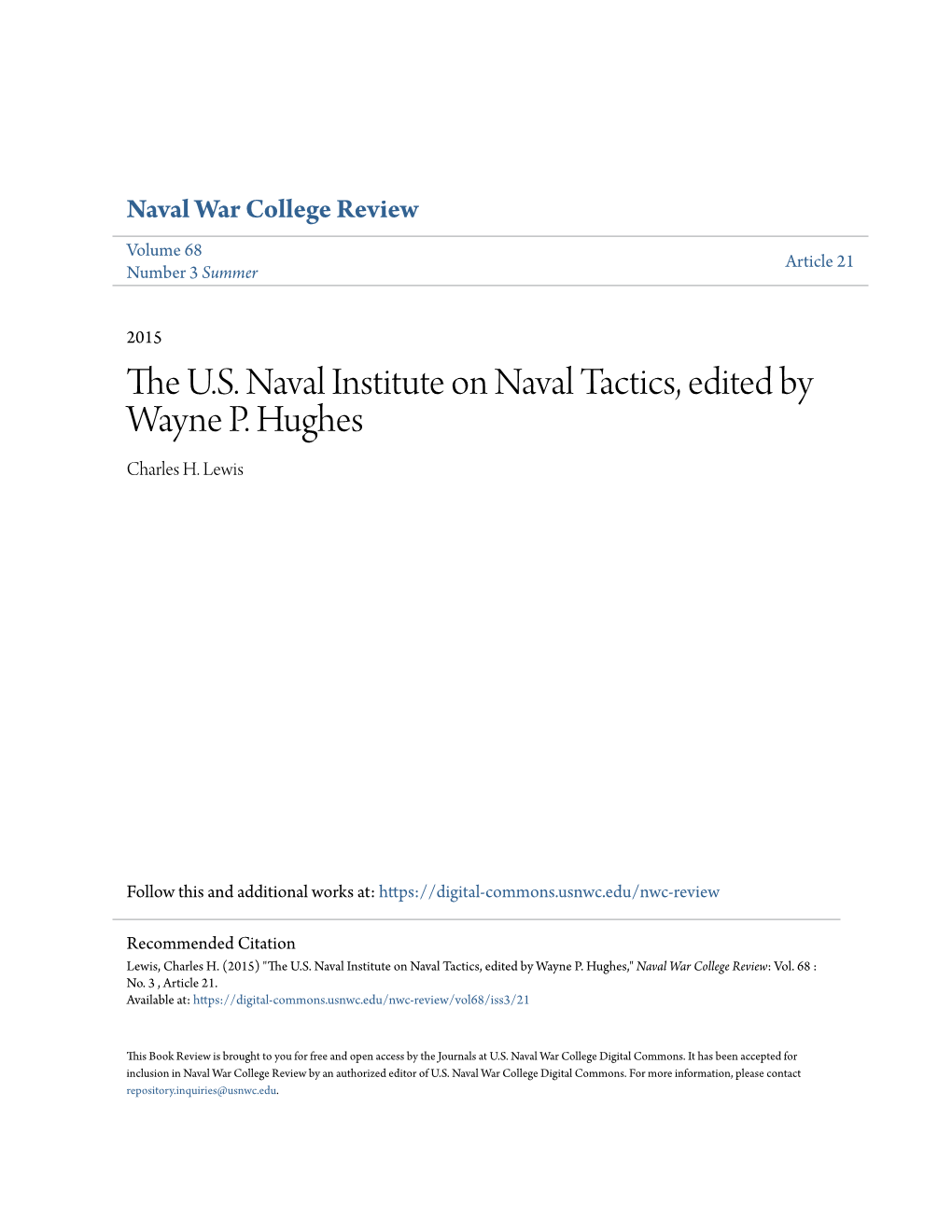 The U.S. Naval Institute on Naval Tactics, Edited by Wayne P. Hughes