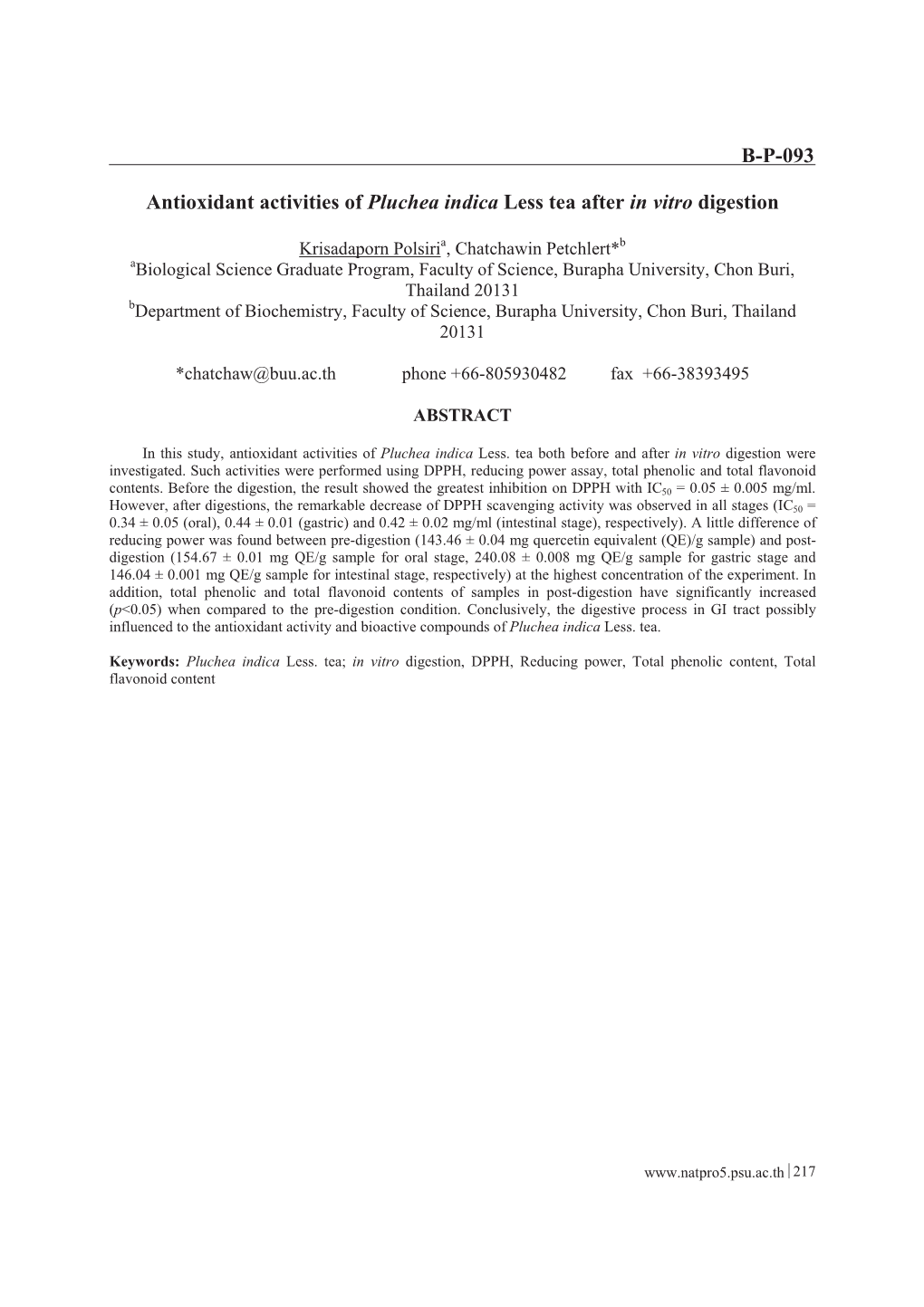 Antioxidant Activities of Pluchea Indica Less Tea After in Vitro Digestion B-P