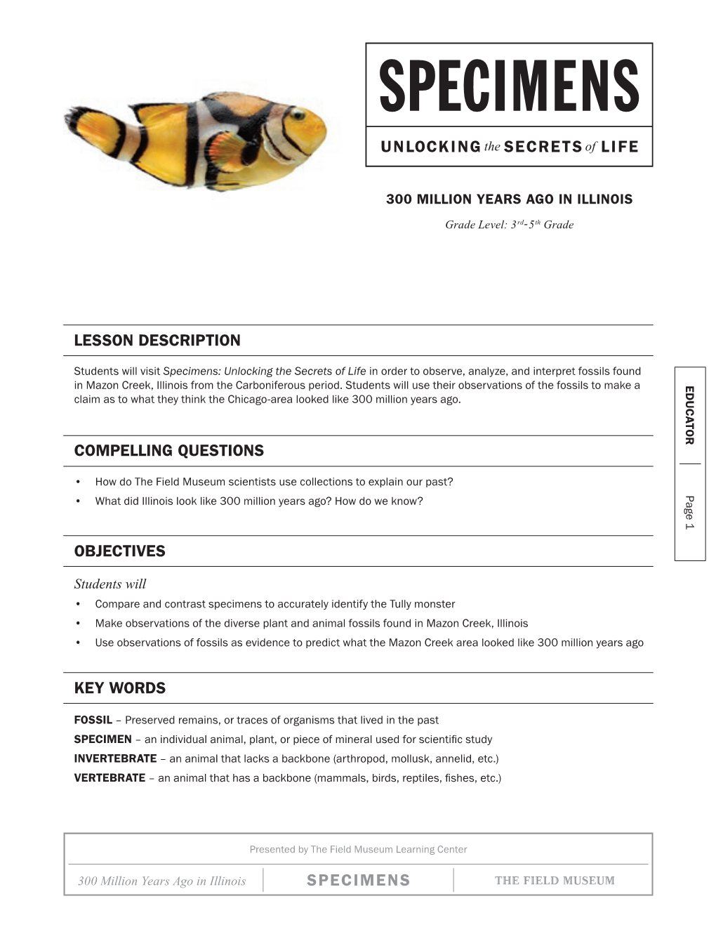 Specimens Key Words Objectives Compelling Questions Lesson Description