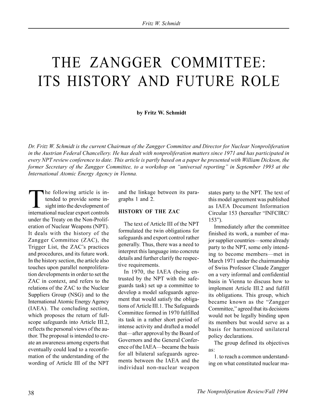 The Zangger Committee: Its History and Future Role