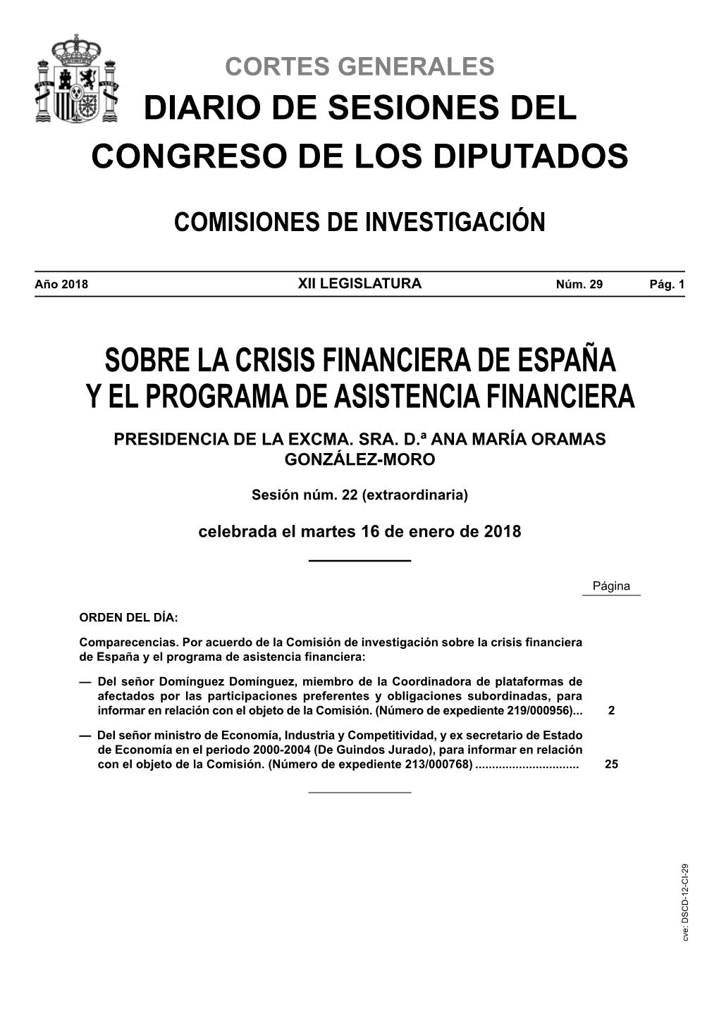 Diario De Sesiones De La Comisión Sobre La Crisis Financiera De España