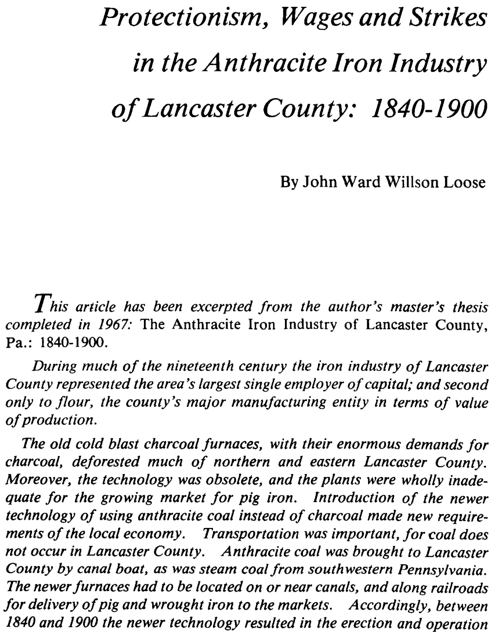 Protectionism, Wages and Strikes in the Anthracite Iron Industry of Lancaster County: 1840-1900