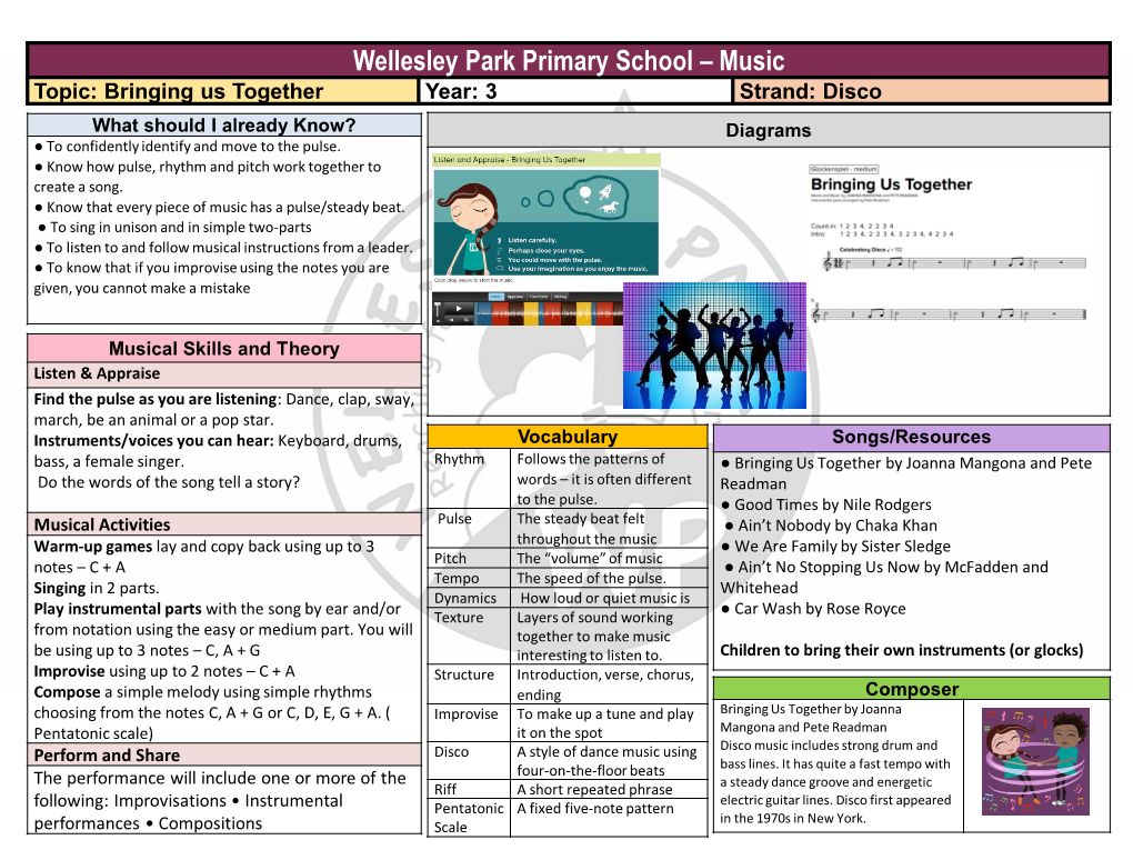 Music Topic: Bringing Us Together Year: 3 Strand: Disco What Should I Already Know? Diagrams ● to Confidently Identify and Move to the Pulse