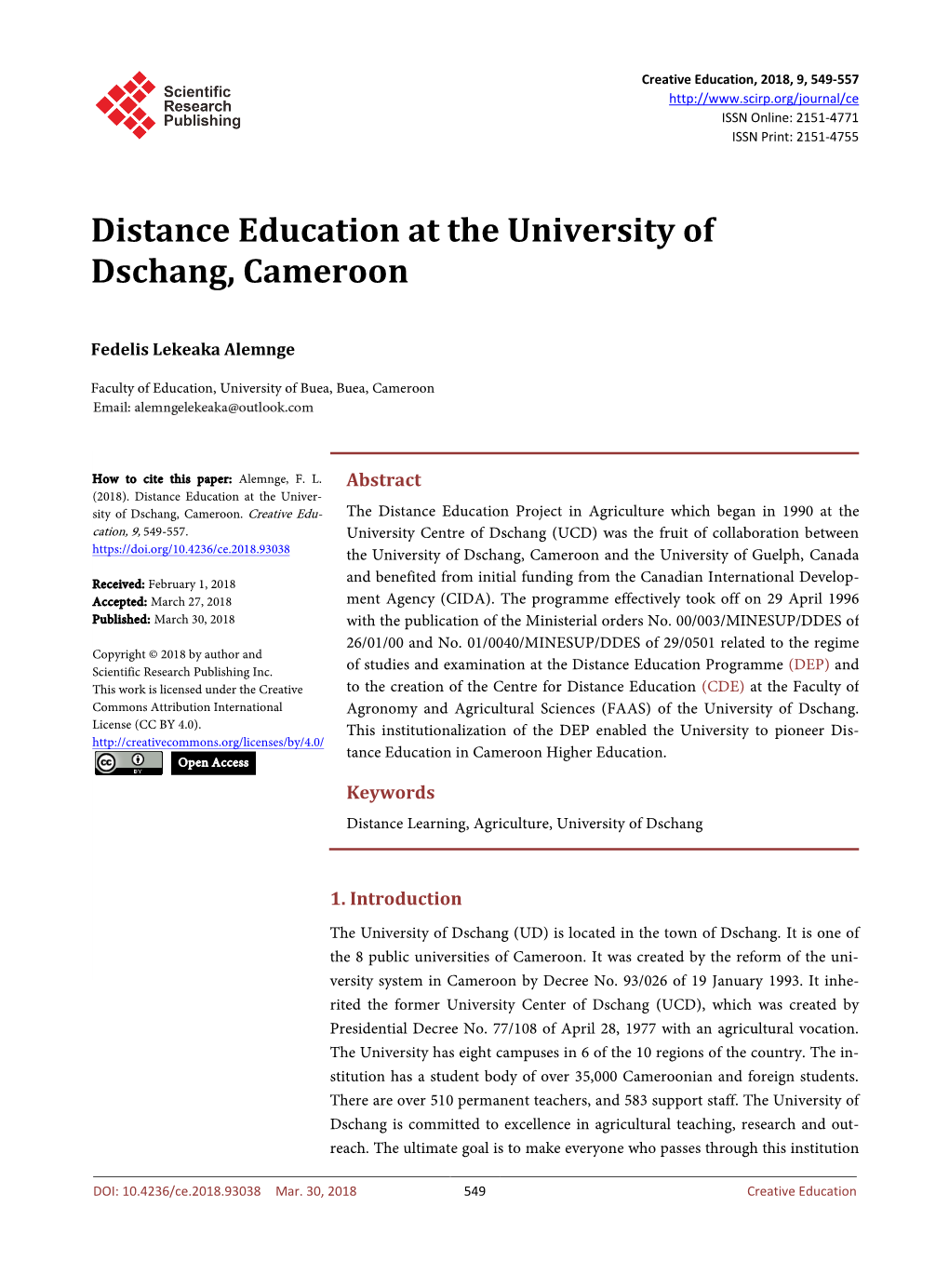 Distance Education at the University of Dschang, Cameroon