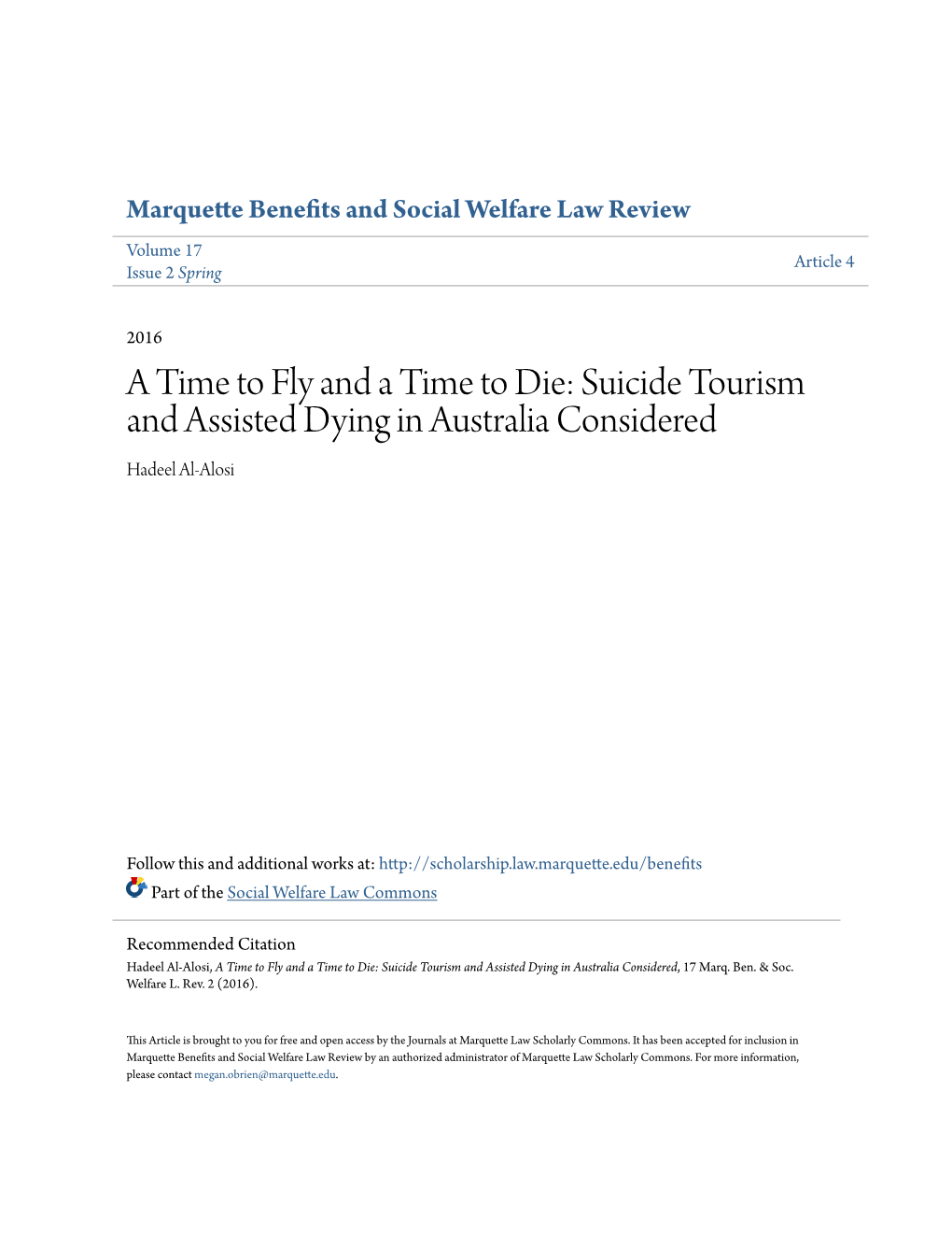 A Time to Fly and a Time to Die: Suicide Tourism and Assisted Dying in Australia Considered Hadeel Al-Alosi